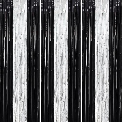 Voircoloria Black Silver Foil Fringe Backdrop Curtains,3.3x8.2ft, 3 Pack by Voircoloria