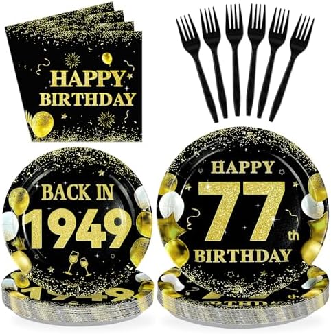 96Pcs Black Gold 77th Birthday Decorations for Men, Serves 24 by Greencian