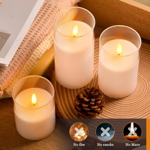 Tyawon Glass Battery Operated LED Flameless Candles with Remote and Timer, Real Wax Candles Warm Color Flickering Light for Festival Wedding Home Party Decor(Pack of 3)-White - Image 5
