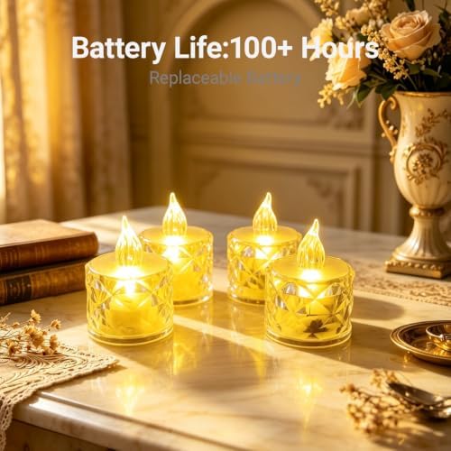 12pcs Flameless Candle Battery Operatted, Led Crystal Candle Lights, 100+Hours Fake Electeic Tealight Candles for Votive Valentines Anniversary Wedding Christmas Table Decorations - Image 4
