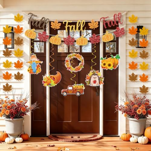 Fall Party Decorations Set Pre-Strung Fall Banner Glitter Autumn Garland Wall Decor Thanksgiving Harvest Pumpkin Maple Leaves Hanging Swirls Maple Leaves Strings for Office Classroom Home Indoor Decor - Image 4