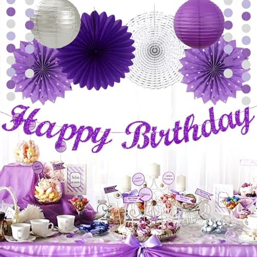 Purple Lilac-Lavender Silver Women Birthday Party-Decorations - 21pc Happy Banner,Paper Lanterns Streamers,Tissue Pom Poms Honeycomb Flower Fan, Girls Hanging Decor Supplies Garland Backdrop Huglony - Image 5
