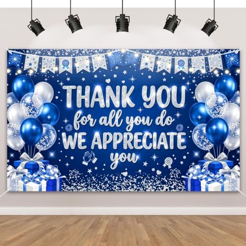 Appreciate You Banner Decorations, Blue Silver Thank You for All You Do Backdrop Banner, Reusable Anti-Tear Fabric Background with 6-Meter Hanging Rope, Office Employee Staff Teacher Appreciation Party Supplies 71x43Inch by Bafode
