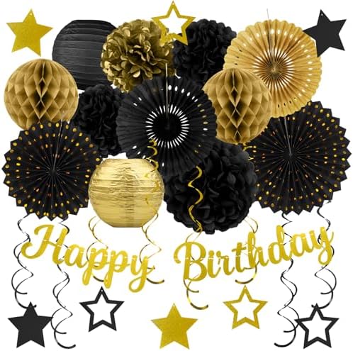Black Gold Birthday Party-Decorations - 29pcs Black Gold Party Decorations for Men Women, Happy Birthday Banner Paper Streamers Lanterns Tissue Pom Poms - ZERODECO by ZERODECO