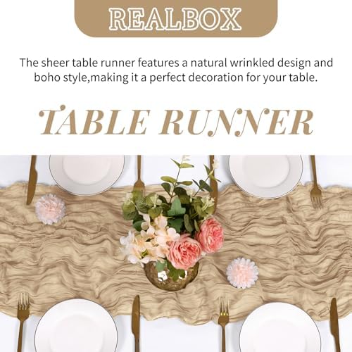 6 Pack Beige Cheesecloth Table Runner 17x108 Inch Semi Sheer Boho Gauze Cheese Cloth Fabric Table Runners Table Decor for Wedding Party Baby Shower Birthday Home Decor Garden Farmhouse - Image 4
