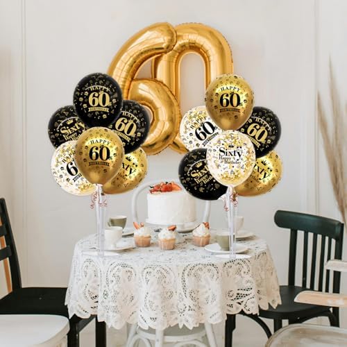 TONIFUL 4 Set Black Gold 60 Printed Balloon Stands for 60th Birthday Decor - Image 4