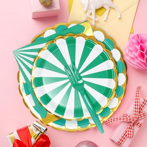 96PCS Green Party Paper Plates with Gold Scalloped Edge, Green Scalloped 9inch 7inch Dessert Paper Plates Party Supplies for Birthday Bridal Shower Picnic, Serve for 24 Guests, Striped - Image 2