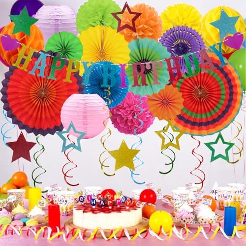 Multicolored Birthday Party-Decorations - 32pcs Colorful Fiesta Mexican Party Decorations for Men Women Boys Girls, Happy Birthday Banner Paper Streamers Lanterns Tissue Pom Poms - ZERODECO - Image 6