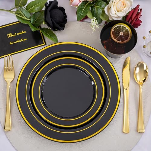 WELLIFE 600 PCS Black Gold Disposable Dinnerware Set for 100 Guests - Image 3