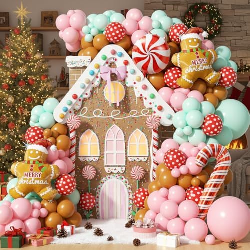 153Pcs Christmas Balloon Arch Garland Kit Xmas Pastel Pink Green Brown Latex Balloons Gingerbread Man Candy Cane Foil Balloons Arch Kit for Christmas New Year Party Birthday Party Decorations - Image 4