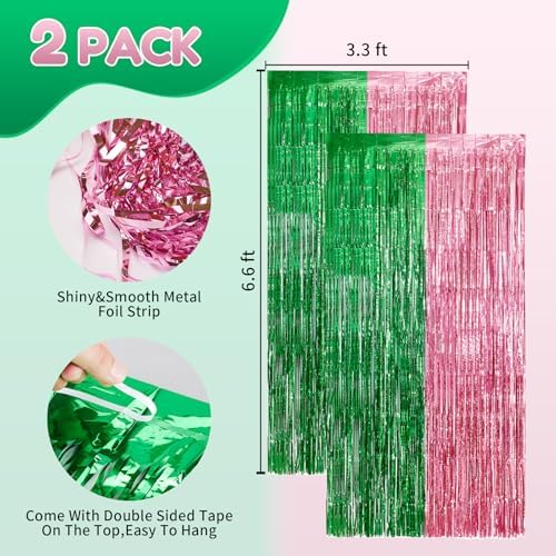 Pink and Green Party Decorations Tinsel Foil Fringe Backdrop 4 Pcs - Image 2