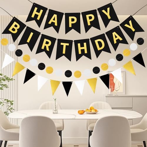 Black Gold Happy Birthday Banner Hanging Sign Circle Dot Triangle Bunting - Image 5