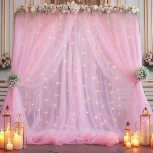 20x10ft Baby Pink Tulle Backdrop Curtain with Lights String for Parites, Sheer Backdrop Curtains for Wedding Baby Shower Birthday Party Photo Shoot Decorations by Partisky