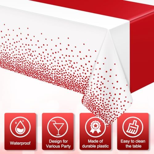 MASHAN 6Pcs White and Red Tablecloth Party Decorations,Plastic Black Table Cloth Printed Red Table Runner Disposable Rectangle Cover for Birthday Weeding Anniversary Graduation Party,54 x108 Inch - Image 3