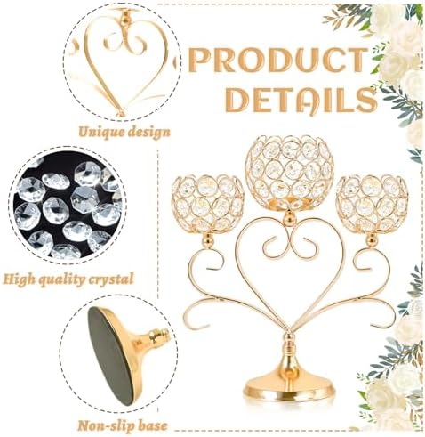 6 Pcs Gold 3-Arm Heart Tea Light Candle Holder - Crystal & Metal Wedding Centerpiece Decor, Sparkling Table Decor for Anniversaries/Romantic Tabletop Home/Dinner Party/Events - Image 3