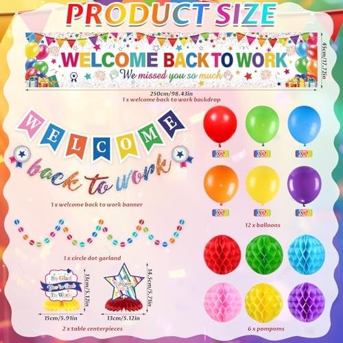 23pcs Welcome Back to Work Decorations Office Colorful Welcome Back to Work Banner Balloons We Missed You So Much Backdrop Table Centerpieces Pompoms Circle Dot Garland for Back to Work Office - Image 4