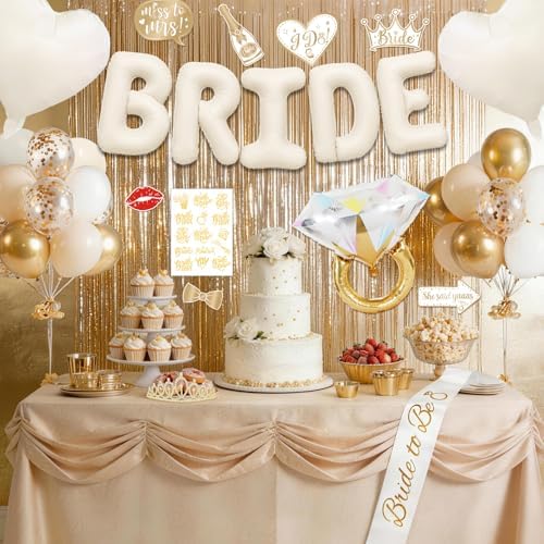 60PCS Bride To Be Decorations, Champagne Gold Bachelorette Party Decorations Include Bride To Be Sash Veil Crown Tattoo Stickers Photo Props Fringe Curtain for Wedding Bridal Shower Decorations - Image 5