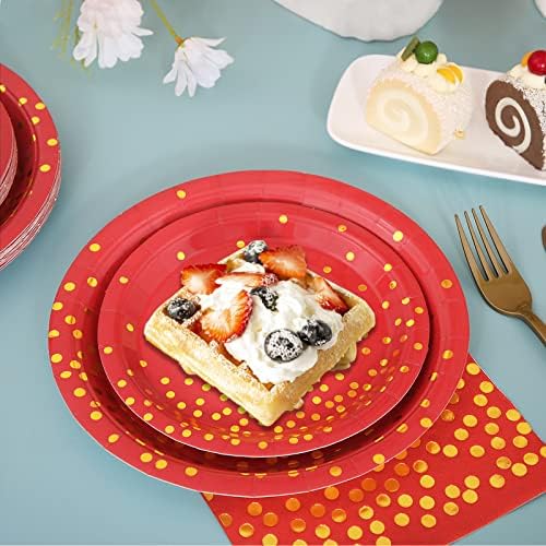 168Pcs Red and Gold Party Decorations, Red Plates and Napkins Party Supplies Serve 24, for Birthday Chinese New Year, Valentines, Mardi Gras - Image 3