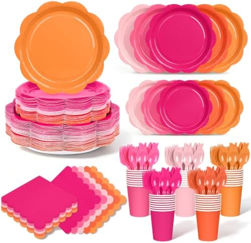 350 Pcs Pink and Orange Party Plates and Napkins - Hot Pink Orange Party Decoration Tableware set Include Sunset Tropical Scalloped Plate Napkin Cup & Cutlery for Baby Shower, Wedding, Birthday by Unknown