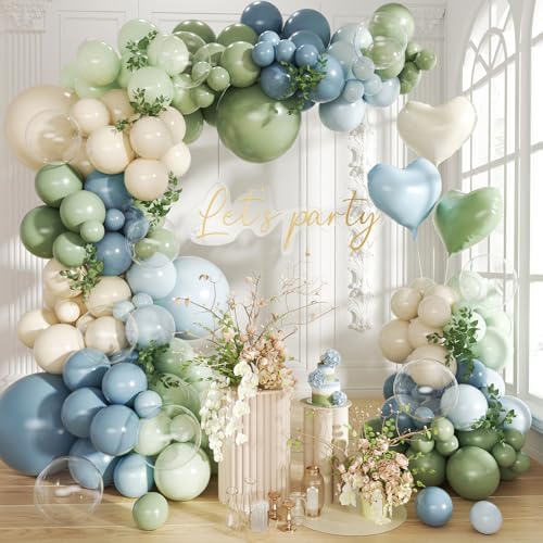 Dusty Blue Sage Green Balloon Arch Kit, 140Pcs Fog Blue and Light Blue Green Sand White Balloons Different Size with Heart Foil Balloon for Baby Shower Bridal Anniversary Birthday Party Decorations by Futureferry