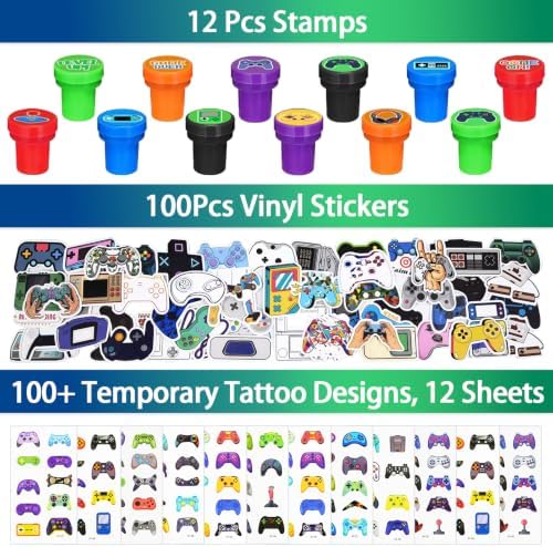 296Pcs Video Game Party Favors for 12 Kids, Including Goodie Bags, Glasses, Straws, Bracelets, Keychains, Stamps, Stickers, Tattoos & More-Perfect for Theme Birthday Party Decorations & Piñata Fillers - Image 5
