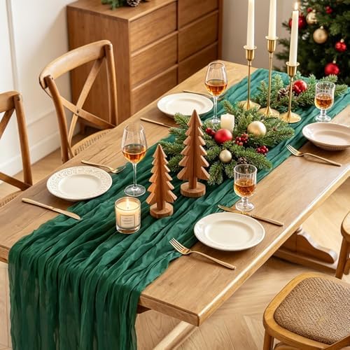 Christmas Table Runner, 10FT Cheesecloth Emerald Green Table Runners 35*120inch Rustic Vintage Table Runner for Christmas Holiday Indoor Home Kitchen Table Party Decorations - Image 3