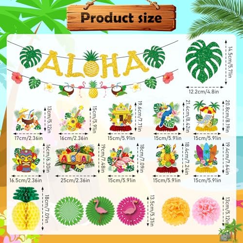 Hawaiian Aloha Party Decorations, 20PCS Hawaiian Tropical Luau Banners with Hanging Swirls Decoration, Flamingo Pineapple Paper Fans Pom Poms and Honeycomb Centerpieces Decor for Summer - Image 2