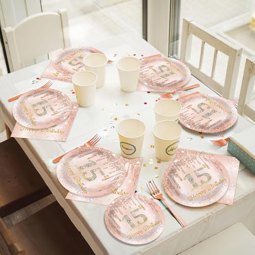 96Pcs 15th Birthday Party Plates and Napkins for 15 Year Old Birthday Party Supplies Rose Gold Paper Dessert Plates 15th Birthday Tableware Set for Girls Women 24 Guests Party Decorations - Image 5