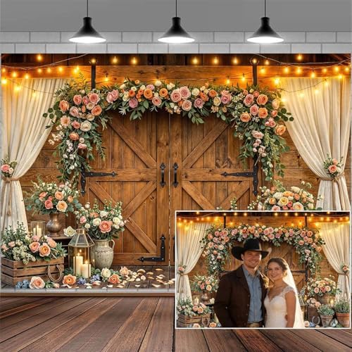 5x4ft Western Wedding Backdrop Rustic Barn Door Photography Backdrop Farmhouse Pink Flower Cabin Wooden Birthday Baby Shower Country Anniversary Bridal Party Banner Photo Booth Props Background by Mtsxfy