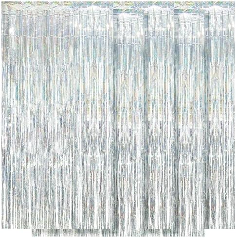 5 Pack Silver Foil Curtain Backdrop 3.2ft x 9.8ft Metallic Tinsel Foil Fringe Curtains Streamer Photo Booth Backdrop for Birthday Party Engagement Bachelorette Party Decorations - Sparkle Silver by Ohiyoo