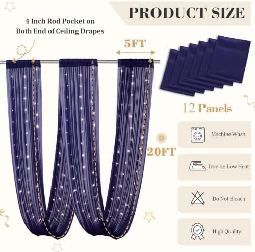 12 Panels Dark Blue Ceiling Curtains with Lights for Weddings - 5ftx20ft Wrinkle-Free Tulle Fabric Wedding Arch Draping Ceiling Drapes Decorations for Wedding Party Ceremony Stage Tent Event - Image 4