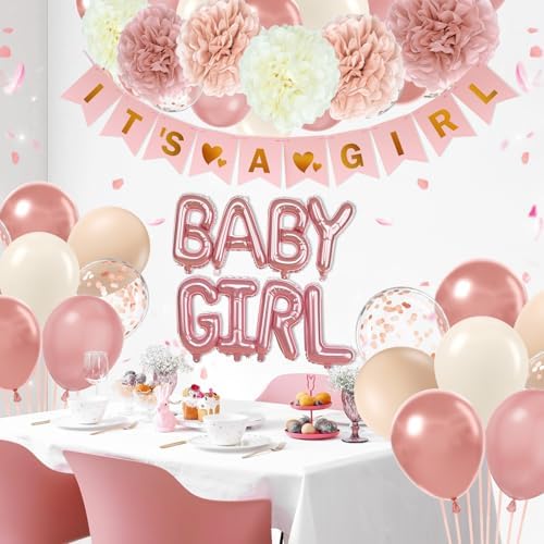 Vicduotex Pink Baby Shower Decorations with Ivory Paper Pom Poms - Image 6