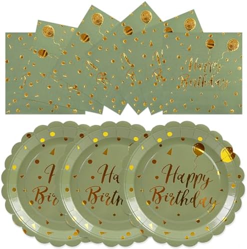 50PCS Happy Birthday Paper Plates and Napkins Set - 7 Inch Sage Green and Gold Birthday Cake Plates Scalloped Dessert Plate Disposable Tableware for Birthday's Party Supplies Decorations by Unknown