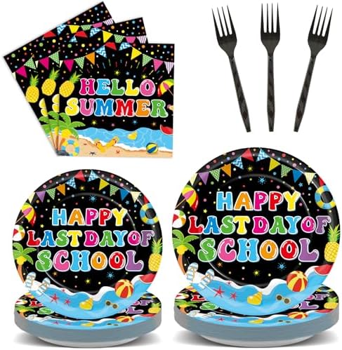 96 Pcs Happy Last Day of School Paper Party Plates and Napkins for Summer Vacation Supplies Summer End of School Year Theme Dessert Tableware Set for 24 Guests Birthday Party Decorations by CHUNNIN