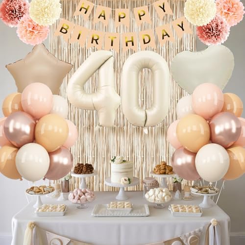 Beige Happy 40th Birthday Party Decoration Women Cream Number 40 Balloon - Image 3