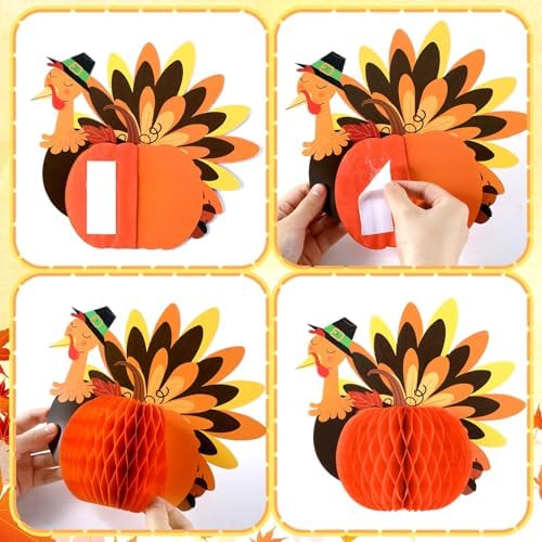 Fourluoo 12 Pcs Fall Thanksgiving Table Decor Turkey Honeycomb Centerpiece - Image 5