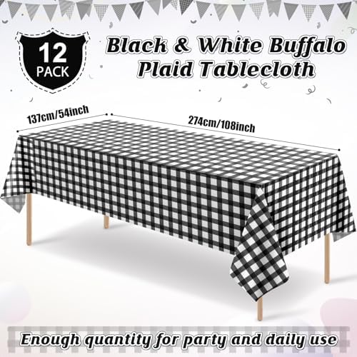 12Pack Black and White Plastic Checkered Tablecloth, Premium Decorative Disposable Black Gingham Plaid Tablecloths for Parties, Rectangle Party Table Cover for Picnic Farm Birthday Wedding, 54x108Inch - Image 2
