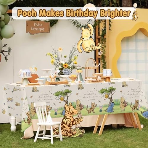 3Pcs Classic Winnie Bear Baby Shower Birthday Decorations Quotes Table Cloths, Neutral Rectangle 54 x 108Inch Disposable Vintage Pooh Bear Tablecloths for Winnie Gender Reveal 1st Birthday Decorations - Image 3
