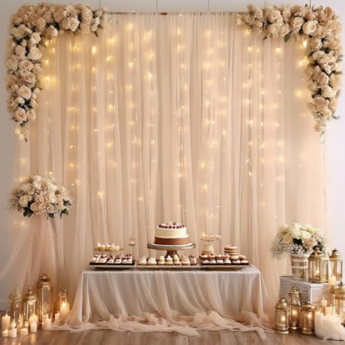30ft x 8ft Champagne Backdrop Curtain Panels with Lights String for Parties, Sheer Tulle Wedding Backdrop Drapes for Baby Shower Birthday Party Home Decorations - Image 3