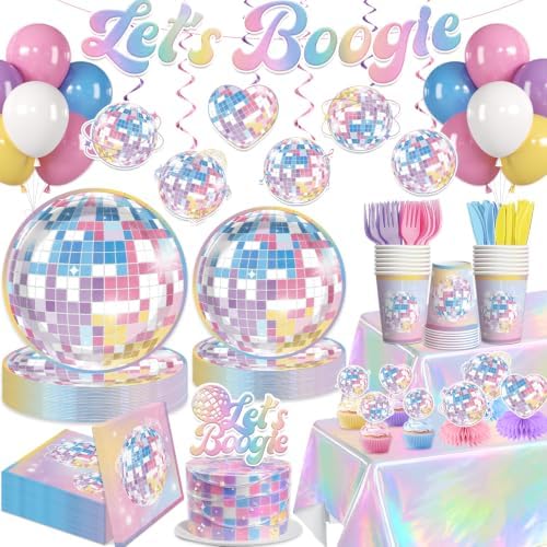 205pcs Colorful Disco Party Decorations Tableware Set, 25 Guests by Yingoto