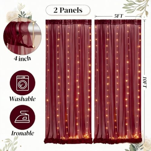 Shillance 10ft x 8ft Burgundy Backdrop Curtain with Lights String for Parties, Sheer Tulle Wedding Photo Backdrops Drapes for Baby Shower Birthday Party Decorations Background for Photography - Image 5