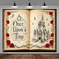 Fairy Tale Castle Book Backdrop 10x8ft Vintage Once Upon a Time Photography Background with Red Roses for Princess Themed Photoshoot Wedding Bridal Shower Photo Booth Props by Meiguiman
