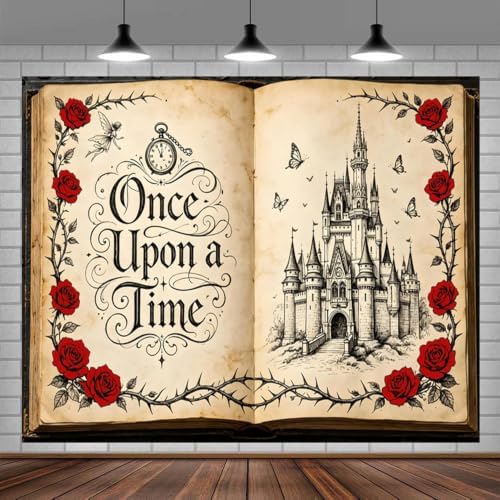 Fairy Tale Castle Book Backdrop 10x8ft Vintage Once Upon a Time Photography Background with Red Roses for Princess Themed Photoshoot Wedding Bridal Shower Photo Booth Props by Meiguiman