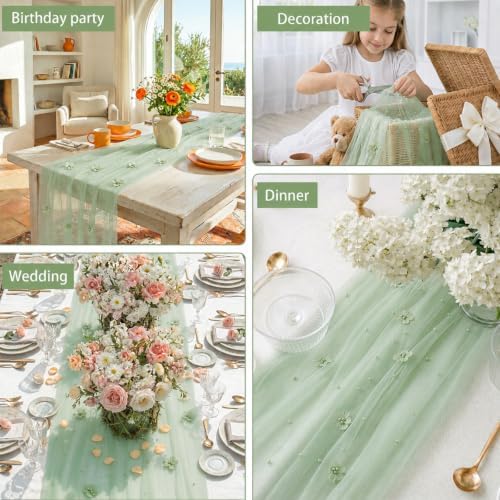 6 Pcs 29x120'' Pearl Tulle Table Runner 10ft Wedding Tablecloth, Sage Green - Image 4