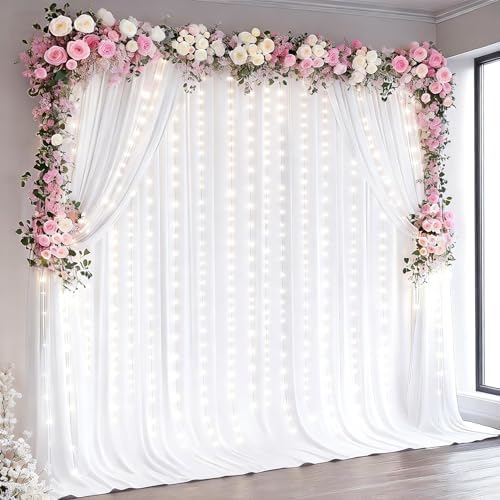 White Backdrop Curtains with Lights for Parties,10x10FT Wrinkle Free Wedding Photo Backdrop Curatin Drapes Fabric for Baby Shower Birthday Ceremony Reception Home Party Decorations-5ft x 10ft,2 Panels by Partisky