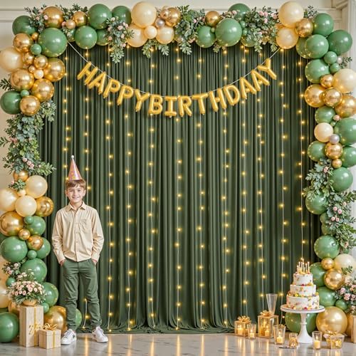 10 x 10ft Olive Green Backdrop Curtains with Lights String by PartyTalk