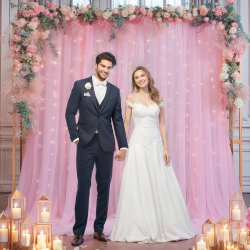 10x8ft Baby Pink Tulle Backdrop Curtain with Lights String for Parites, Sheer Backdrop Curtains for Wedding Baby Shower Birthday Party Photo Shoot Decorations - Image 7