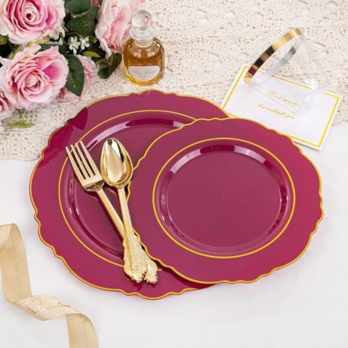 Liacere 350PCS Red Plastic Plates-Disposable Burgundy Red and Gold Plates 50guest Baroque Plastic Dinnerware include 100Plates, 50Pack Pre Rolled Napkins with Silverware 50Cups for Party & Halloween - Image 5