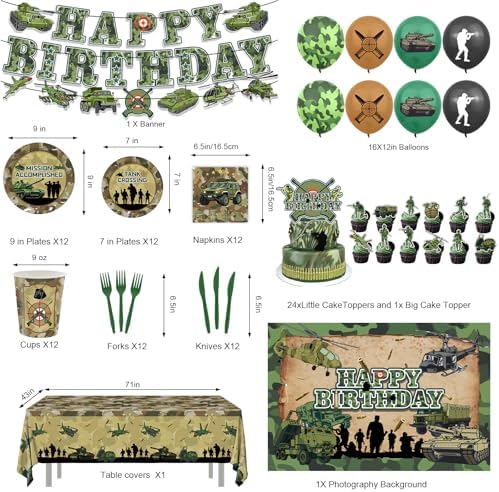 Army Birthday Party Decorations Includes Balloons- Army Banner-Cake Topper-Cupcake Toppers-Backdrop-Plates-Tablecloth-Napkins-Cups and Cutlery for Camo Birthday Party Decorations - Image 2