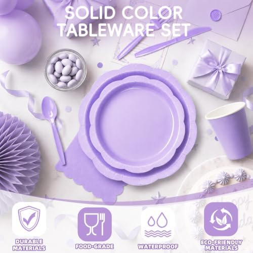175 Pcs Lavender Party Supplies for 25 Guests, Elegant Paper Plates and Napkins Set with Cups, Knives, Forks & Spoons, Thickened Decagonal Plates for Baby Shower Bridal Shower Tea Party Birthday - Image 3